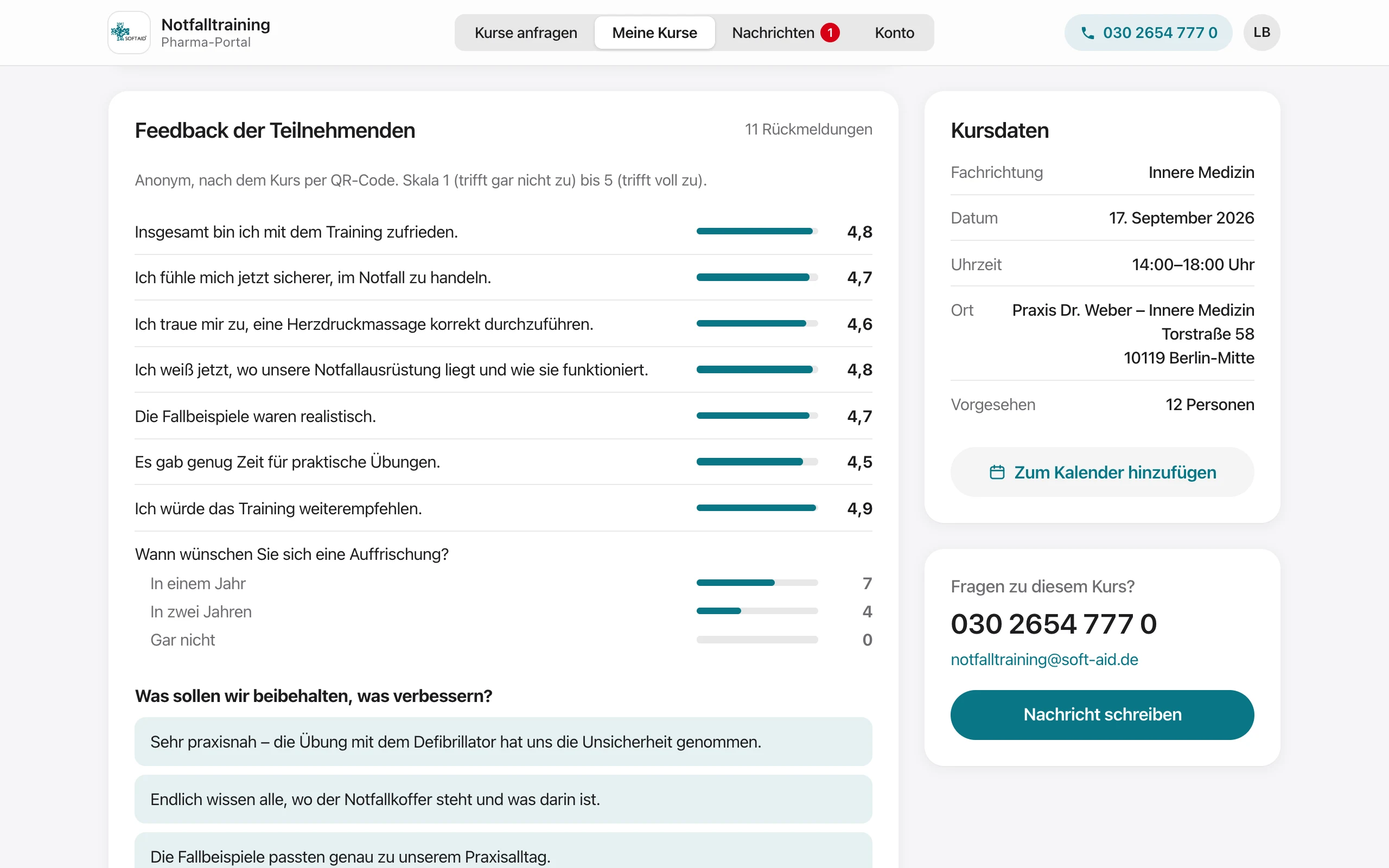 Auswertung des Feedbacks zu einem Kurs: Durchschnitt je Aussage, Wunsch nach Auffrischung und Kommentare.