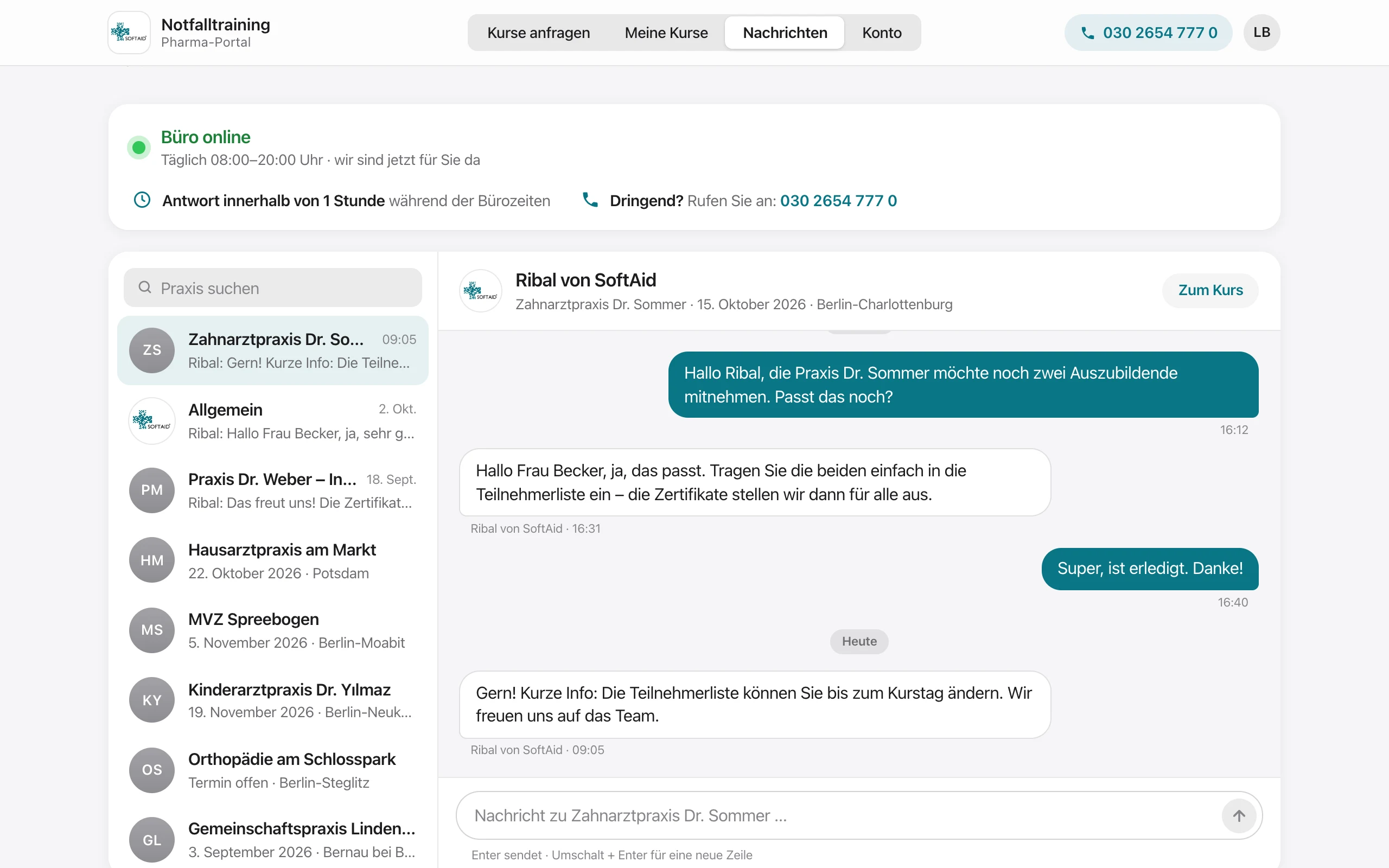 Nachrichten im Pharma-Portal: der Chatverlauf mit SoftAid.